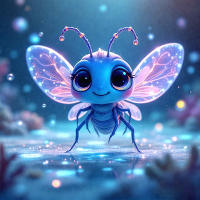 The primary subject of the image is a small, cute, and colorful butterfly. The butterfly is standing on a blue surface, which appears to be a water surface or a blue background. The visual style of the image is digital art, as it is a well-crafted and detailed illustration. The colors and mood of the image are vibrant and cheerful, with the blue surface and the butterfly's bright colors creating a lively and uplifting atmosphere.
